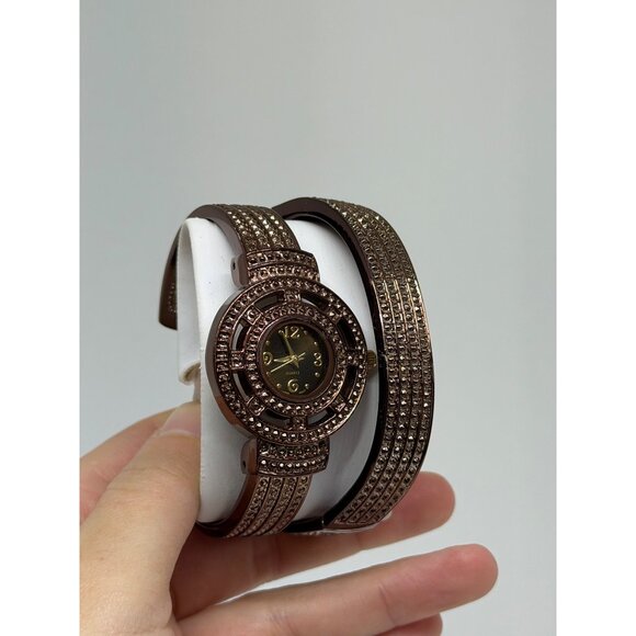 VTG Rhinestone Women Cuff Watch & Bangle Set Bronze Tone Quartz Bracelet Stylish - Picture 2 of 5